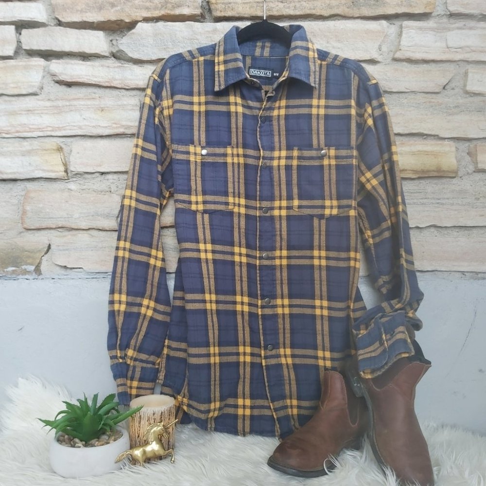 Retro Dakota Blue Yellow Plaid Flannen Snap Button Long Sleeve Shirt